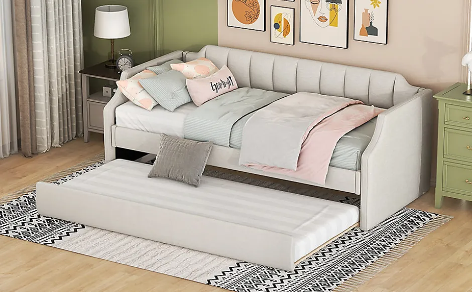 Redom Lit 90x200 cm tapissé lin-coton beige avec sommier gigogne à roulettes, design moderne et élégant