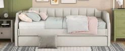Redom Lit 90x200 cm tapissé lin-coton beige avec sommier gigogne à roulettes, design moderne et élégant