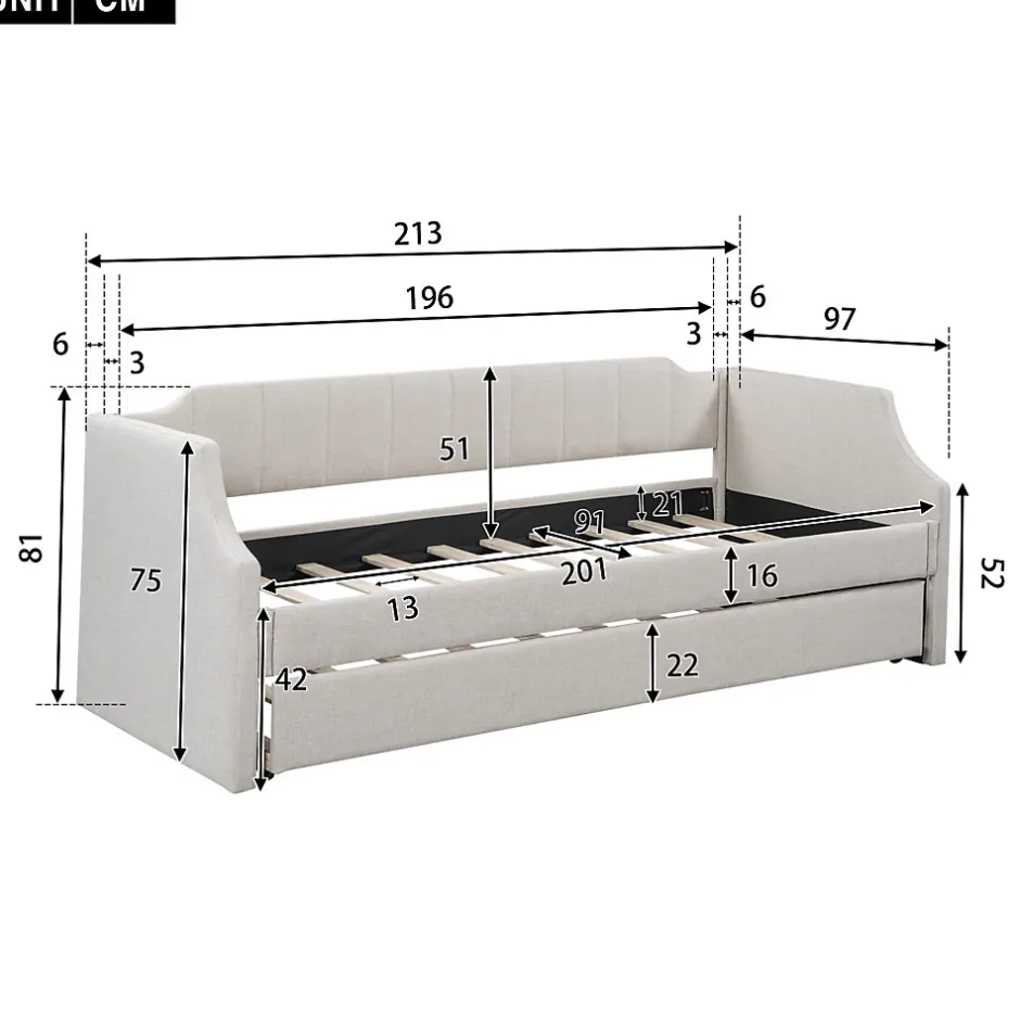 Redom Lit 90x200 cm tapissé lin-coton beige avec sommier gigogne à roulettes, design moderne et élégant