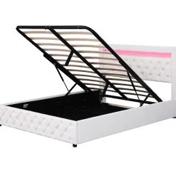 Redom Lit 140x200 cm tapissé PU blanc avec rangement intégré et tête de lit LED, design classique et contemporain Discount