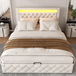 Redom Lit 140x200 cm tapissé PU blanc avec rangement intégré et tête de lit LED, design classique et contemporain Discount