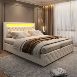 Redom Lit 140x200 cm tapissé PU blanc avec rangement intégré et tête de lit LED, design classique et contemporain Discount