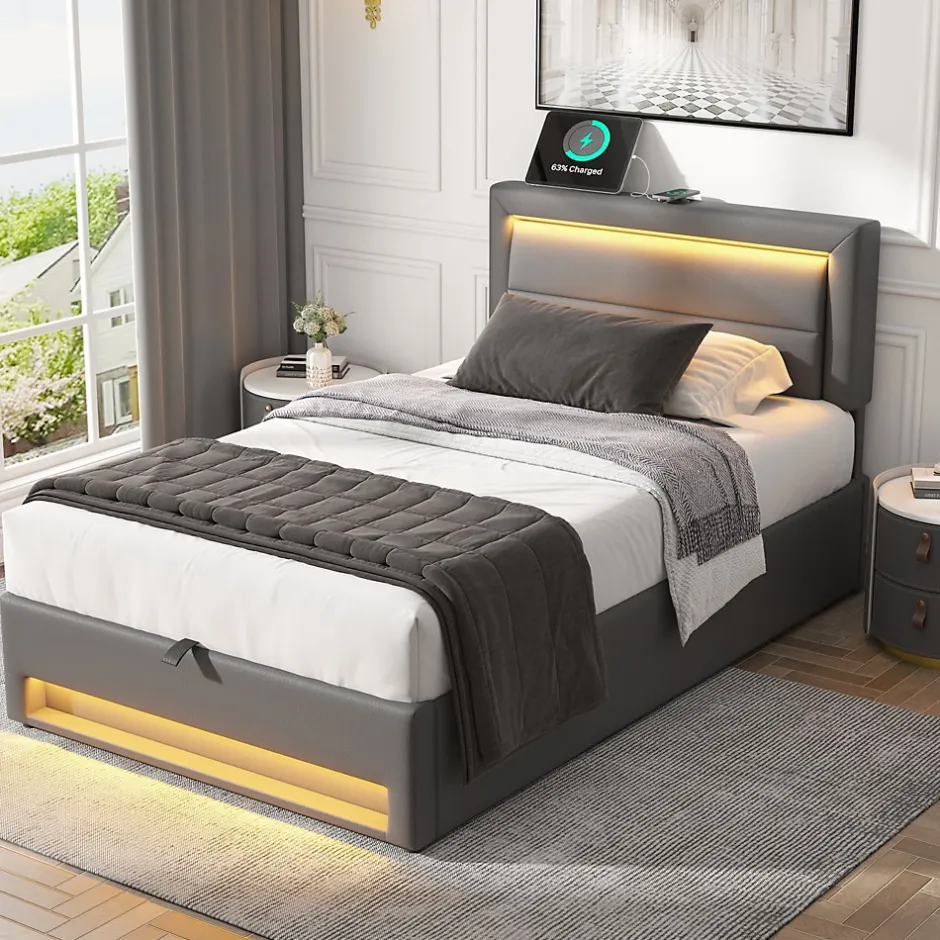 Redom Lit 160x190 cm tapissé PU gris avec éclairage LED et ports USB escamotables, rangement sous le lit