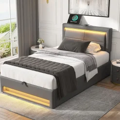 Redom Lit 90x200 cm tapissé PU gris avec éclairage LED, ports USB escamotables et rangement intégré Online