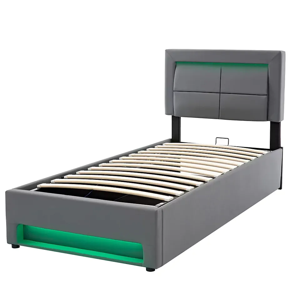 Redom Lit 90x200 cm tapissé PU gris avec éclairage LED, ports USB escamotables et rangement intégré Online