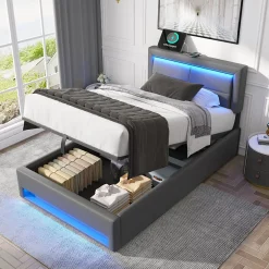 Redom Lit 90x200 cm tapissé PU gris avec éclairage LED, ports USB escamotables et rangement intégré Online