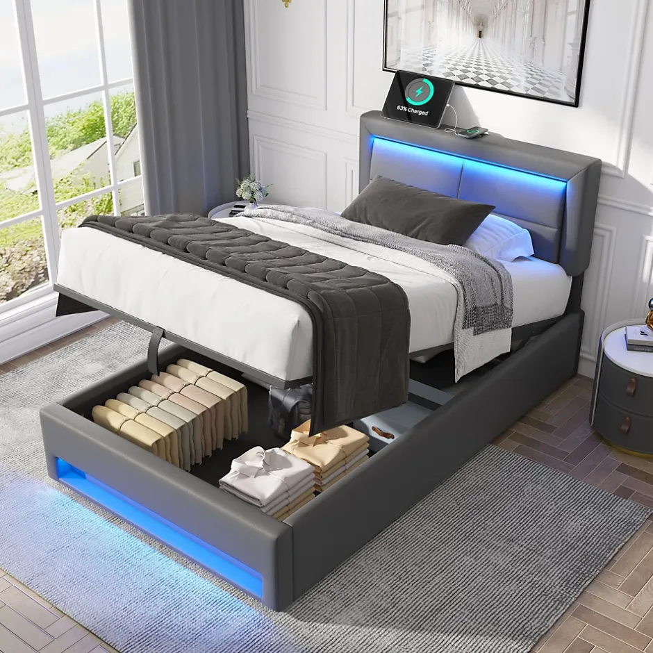 Redom Lit 90x200 cm tapissé PU gris avec éclairage LED, ports USB escamotables et rangement intégré Online
