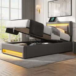 Redom Lit 90x200 cm tapissé PU gris avec éclairage LED, ports USB escamotables et rangement intégré Online