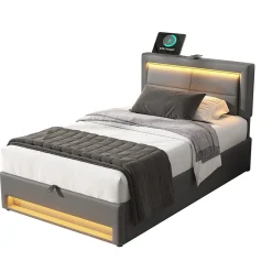 Redom Lit 90x200 cm tapissé PU gris avec éclairage LED, ports USB escamotables et rangement intégré Online