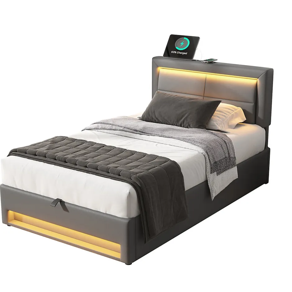 Redom Lit 90x200 cm tapissé PU gris avec éclairage LED, ports USB escamotables et rangement intégré Online