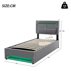 Redom Lit 90x200 cm tapissé PU gris avec éclairage LED, ports USB escamotables et rangement intégré Online