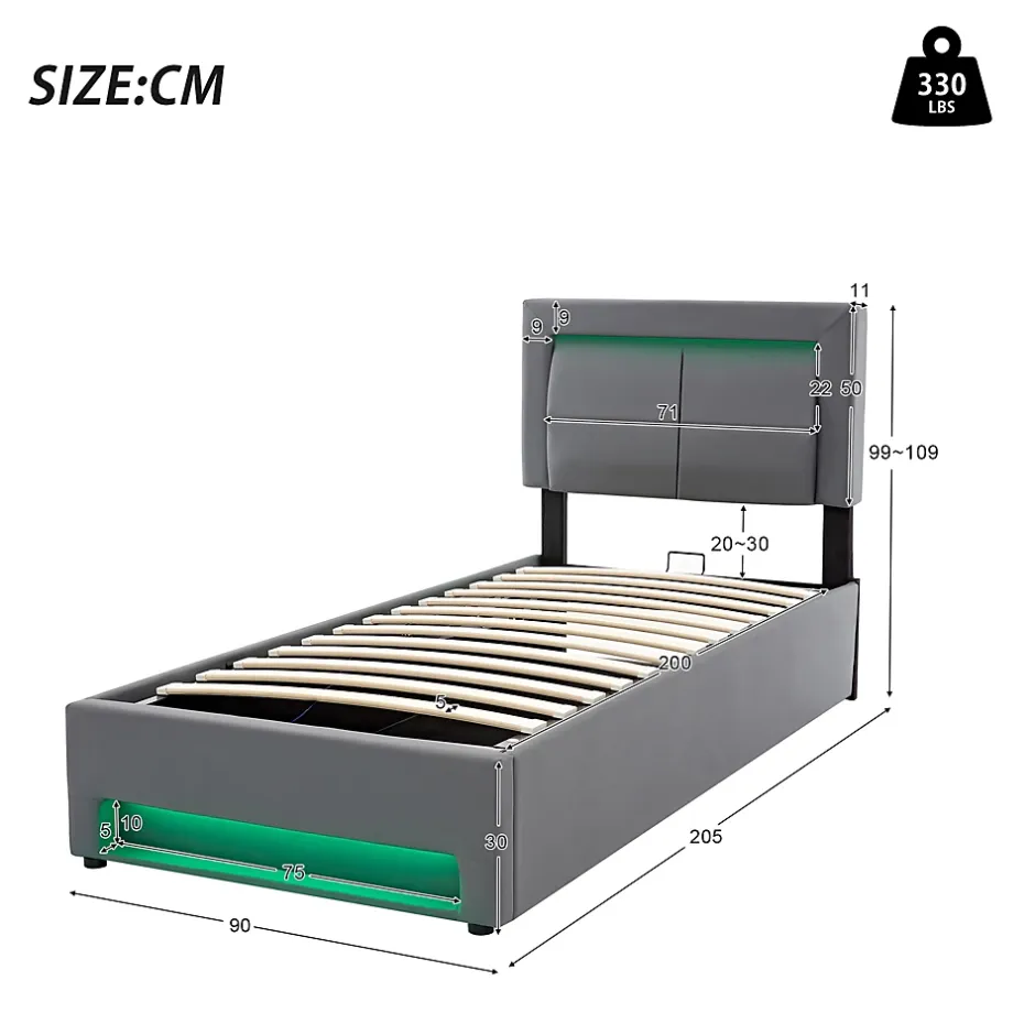 Redom Lit 90x200 cm tapissé PU gris avec éclairage LED, ports USB escamotables et rangement intégré Online