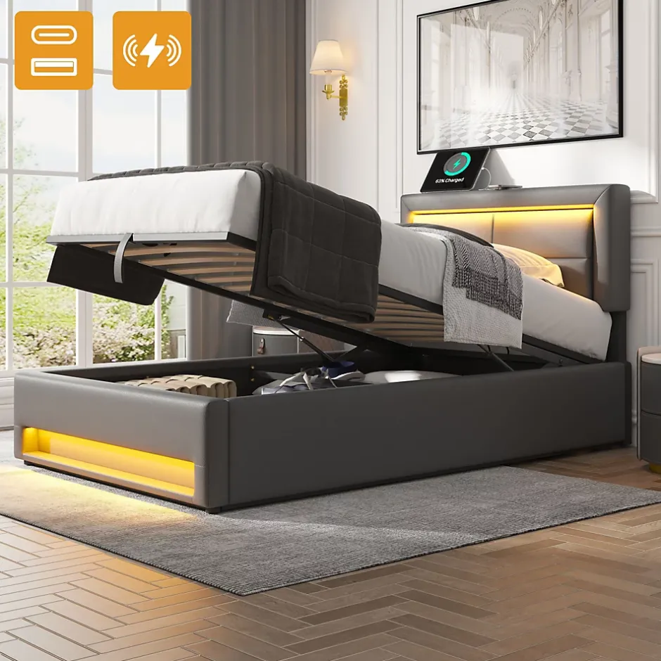 Redom Lit 90x200 cm tapissé PU gris avec éclairage LED, ports USB escamotables et rangement intégré Online