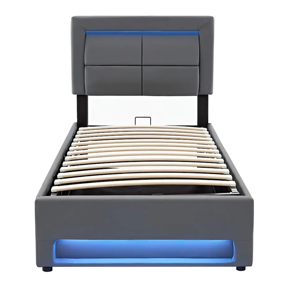 Redom Lit 90x200 cm tapissé PU gris avec éclairage LED, ports USB escamotables et rangement intégré Online