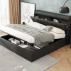 Redom Lit 140x200 cm tapissé PU noir avec tête de lit coffre et rangement hydraulique intégré, au design moderne Clearance