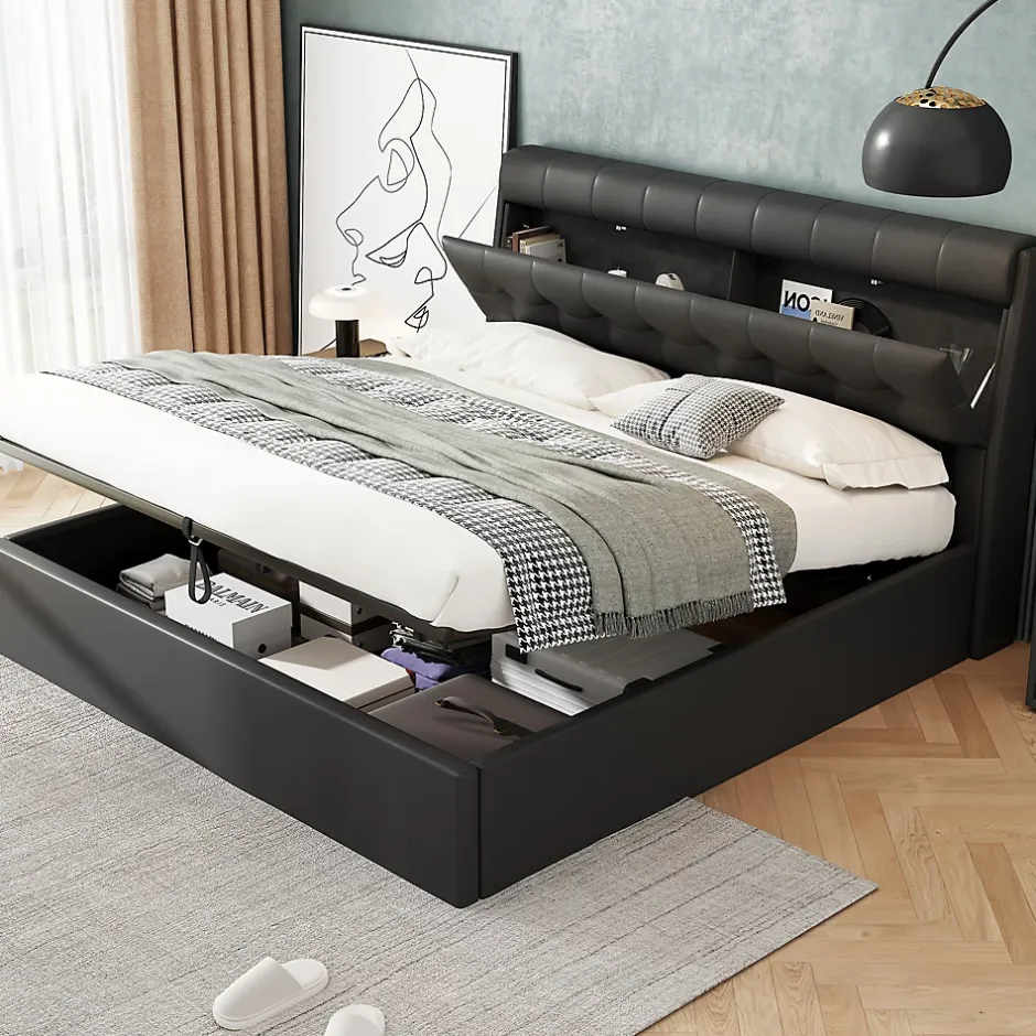 Redom Lit 140x200 cm tapissé PU noir avec tête de lit coffre et rangement hydraulique intégré, au design moderne Clearance
