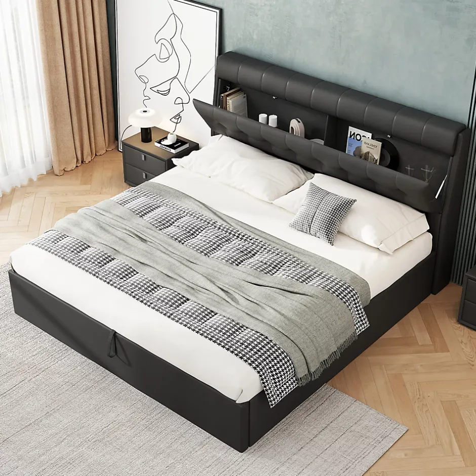Redom Lit 140x200 cm tapissé PU noir avec tête de lit coffre et rangement hydraulique intégré, au design moderne Clearance