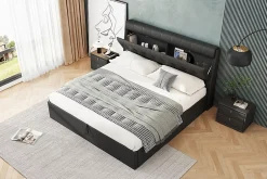 Redom Lit 140x200 cm tapissé PU noir avec tête de lit coffre et rangement hydraulique intégré, au design moderne Clearance