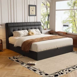 Redom Lit 140x200 cm tapissé PU noir avec tête de lit coffre et rangement hydraulique intégré, au design moderne Clearance
