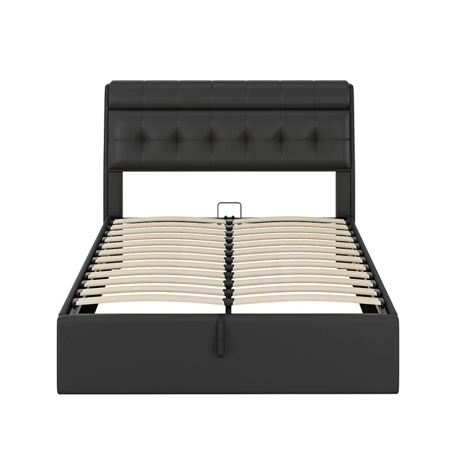 Redom Lit 140x200 cm tapissé PU noir avec tête de lit coffre et rangement hydraulique intégré, au design moderne Clearance