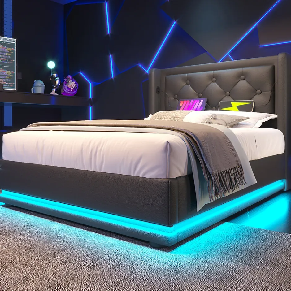 Redom Lit 90x200 cm tapissé PU noir avec coffre hydraulique et tête de lit rembourrée, port USB-C intégré
