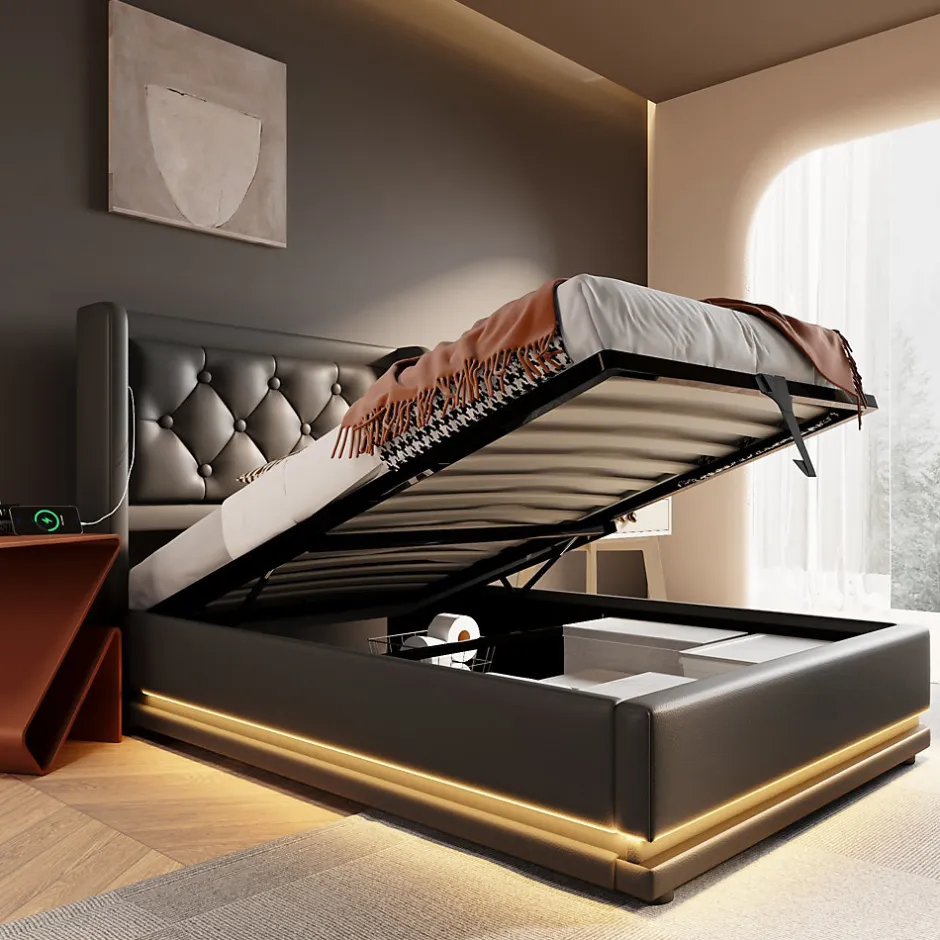 Redom Lit 90x200 cm tapissé PU noir avec coffre hydraulique et tête de lit rembourrée, port USB-C intégré