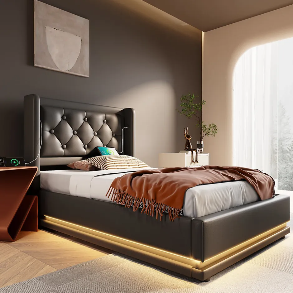 Redom Lit 90x200 cm tapissé PU noir avec coffre hydraulique et tête de lit rembourrée, port USB-C intégré