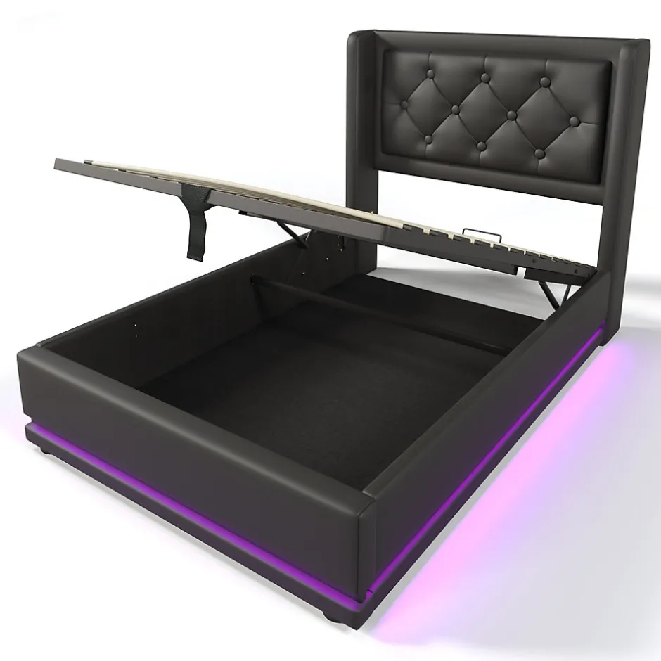 Redom Lit 90x200 cm tapissé PU noir avec coffre hydraulique et tête de lit rembourrée, port USB-C intégré