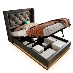 Redom Lit 90x200 cm tapissé PU noir avec coffre hydraulique et tête de lit rembourrée, port USB-C intégré