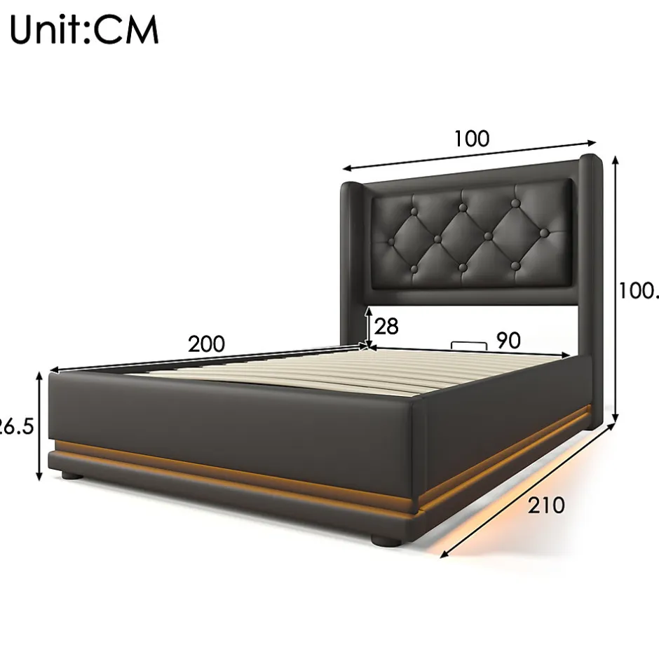 Redom Lit 90x200 cm tapissé PU noir avec coffre hydraulique et tête de lit rembourrée, port USB-C intégré