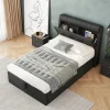 Redom Lit 90x200 cm tapissé PU noir avec coffre de rangement hydraulique, tête de lit coffre et sommier à lattes