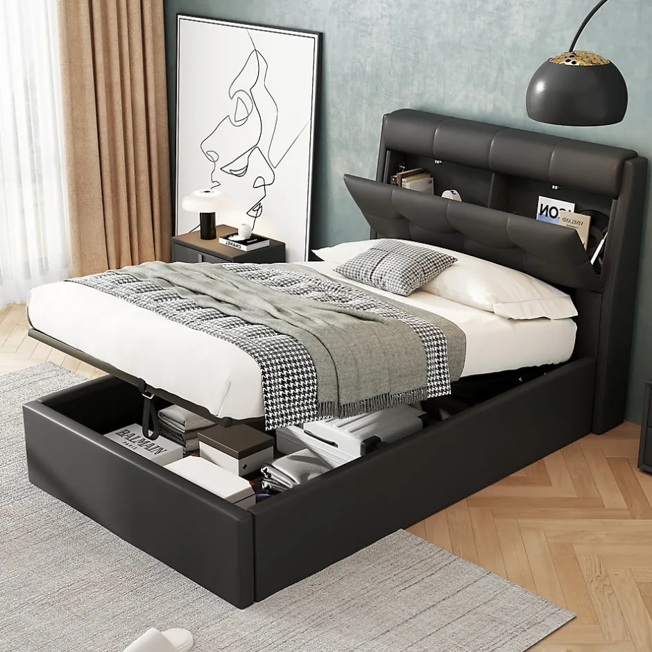 Redom Lit 90x200 cm tapissé PU noir avec coffre de rangement hydraulique, tête de lit coffre et sommier à lattes