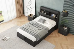 Redom Lit 90x200 cm tapissé PU noir avec coffre de rangement hydraulique, tête de lit coffre et sommier à lattes