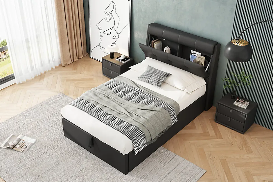 Redom Lit 90x200 cm tapissé PU noir avec coffre de rangement hydraulique, tête de lit coffre et sommier à lattes