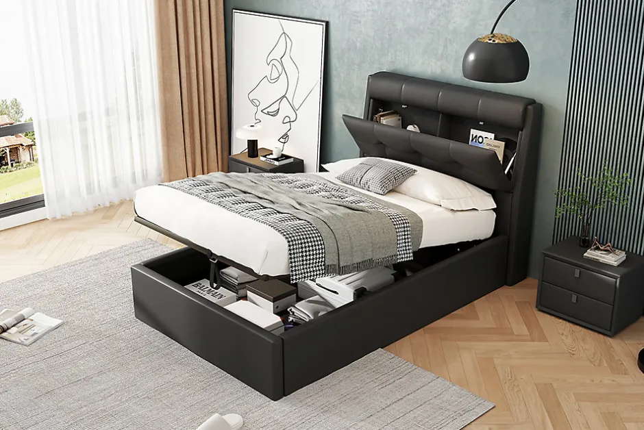 Redom Lit 90x200 cm tapissé PU noir avec coffre de rangement hydraulique, tête de lit coffre et sommier à lattes