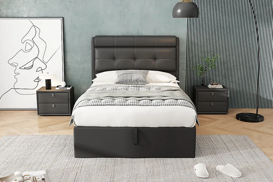Redom Lit 90x200 cm tapissé PU noir avec coffre de rangement hydraulique, tête de lit coffre et sommier à lattes