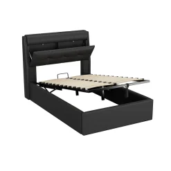 Redom Lit 90x200 cm tapissé PU noir avec coffre de rangement hydraulique, tête de lit coffre et sommier à lattes