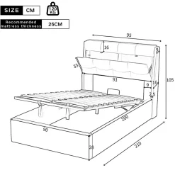 Redom Lit 90x200 cm tapissé PU noir avec coffre de rangement hydraulique, tête de lit coffre et sommier à lattes