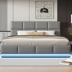 Redom Lit 180x200 cm tapissé similicuir gris ciment avec LED, coffre hydraulique et tête de lit réglable 91/101 cm