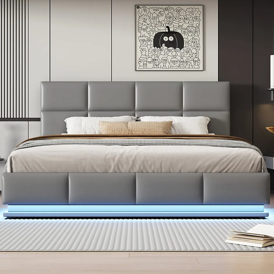 Redom Lit 180x200 cm tapissé similicuir gris ciment avec LED, coffre hydraulique et tête de lit réglable 91/101 cm