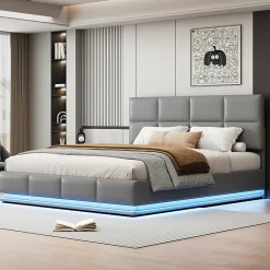 Redom Lit 180x200 cm tapissé similicuir gris ciment avec LED, coffre hydraulique et tête de lit réglable 91/101 cm