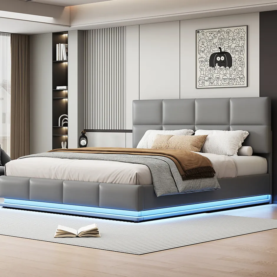 Redom Lit 180x200 cm tapissé similicuir gris ciment avec LED, coffre hydraulique et tête de lit réglable 91/101 cm