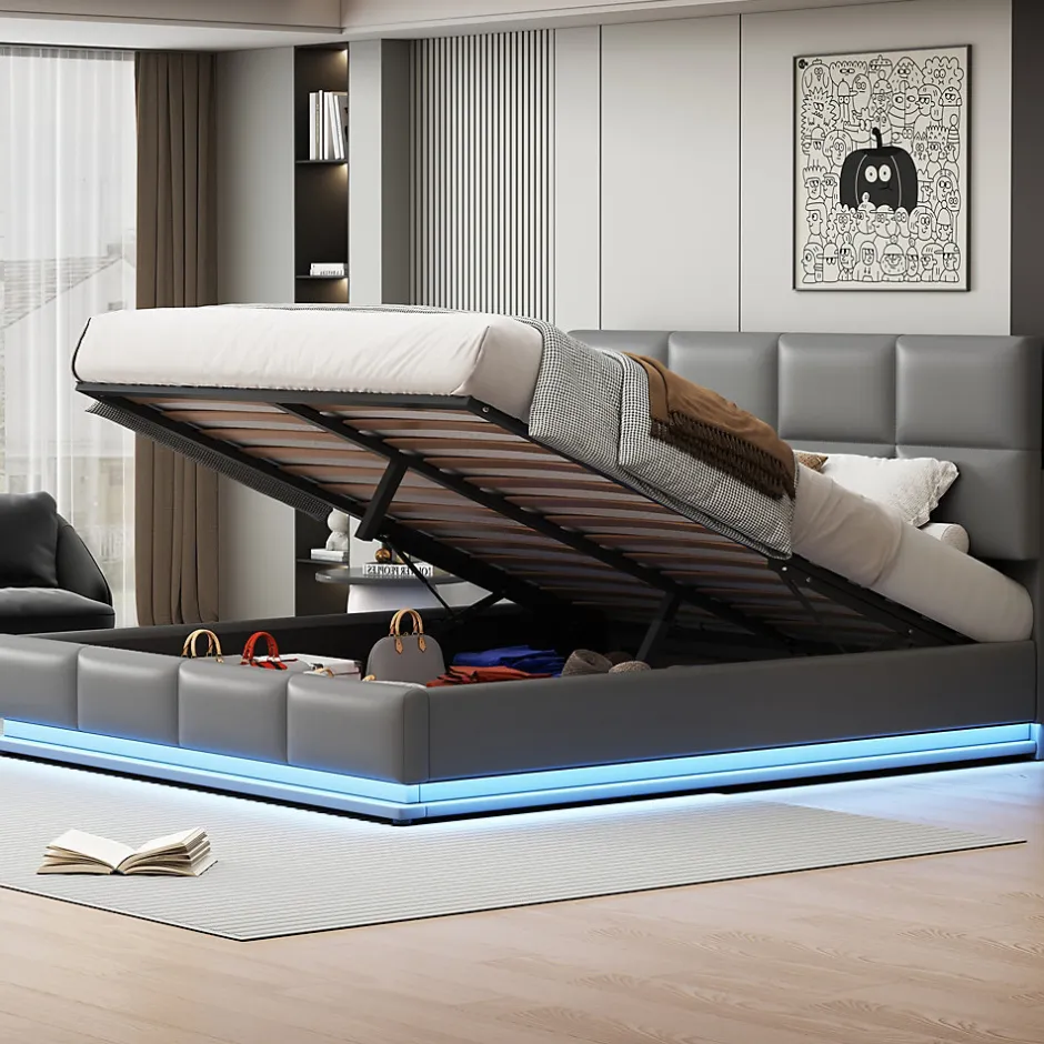Redom Lit 180x200 cm tapissé similicuir gris ciment avec LED, coffre hydraulique et tête de lit réglable 91/101 cm