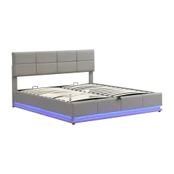Redom Lit 180x200 cm tapissé similicuir gris ciment avec LED, coffre hydraulique et tête de lit réglable 91/101 cm