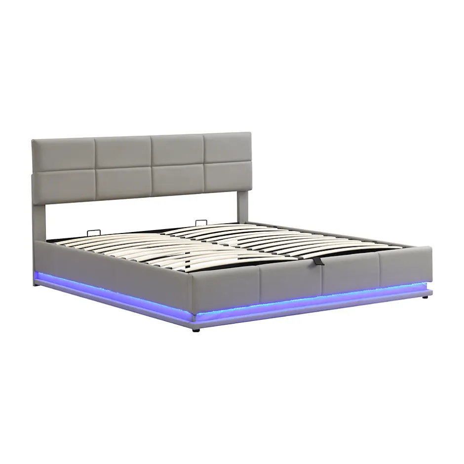 Redom Lit 180x200 cm tapissé similicuir gris ciment avec LED, coffre hydraulique et tête de lit réglable 91/101 cm