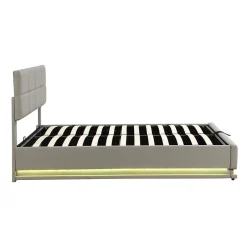 Redom Lit 180x200 cm tapissé similicuir gris ciment avec LED, coffre hydraulique et tête de lit réglable 91/101 cm