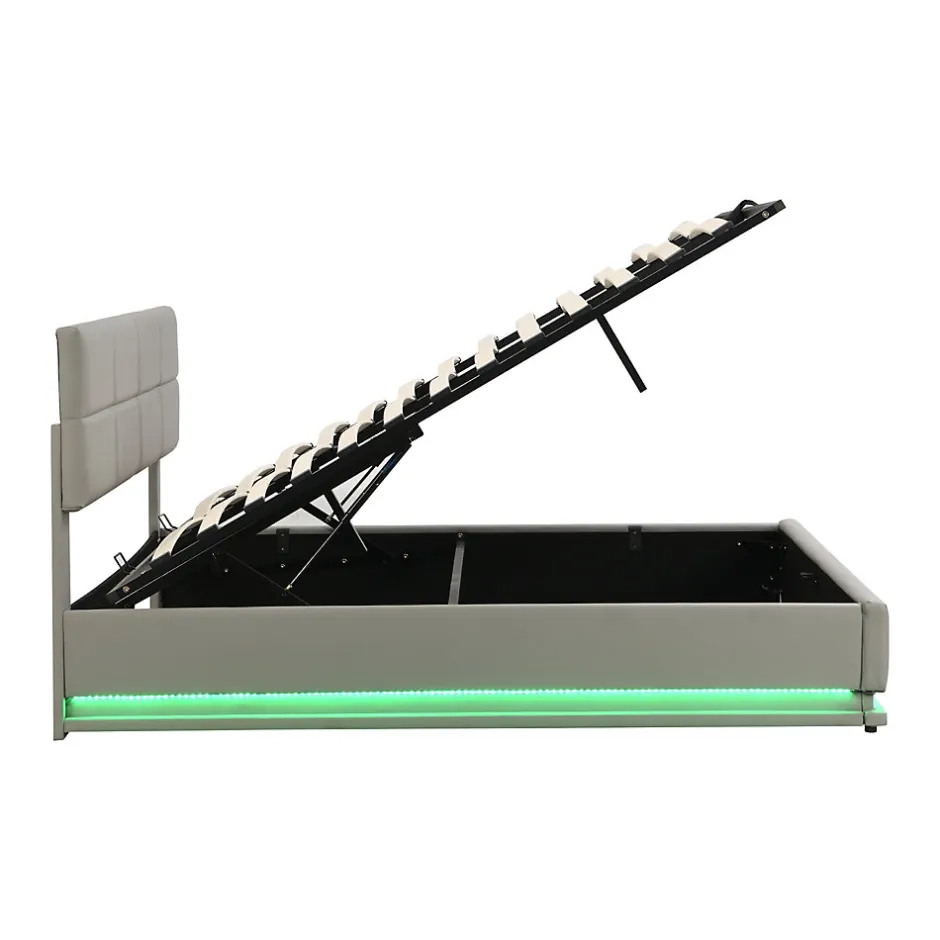 Redom Lit 180x200 cm tapissé similicuir gris ciment avec LED, coffre hydraulique et tête de lit réglable 91/101 cm