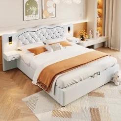 Redom Lit 180x200 cm tapissé tissu effet lin beige avec tête de lit intégrée, coffre hydraulique et prises USB