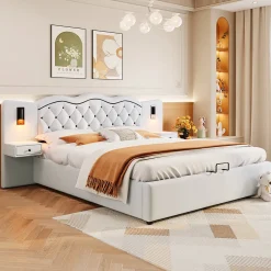 Redom Lit 180x200 cm tapissé tissu effet lin beige avec tête de lit intégrée, coffre hydraulique et prises USB