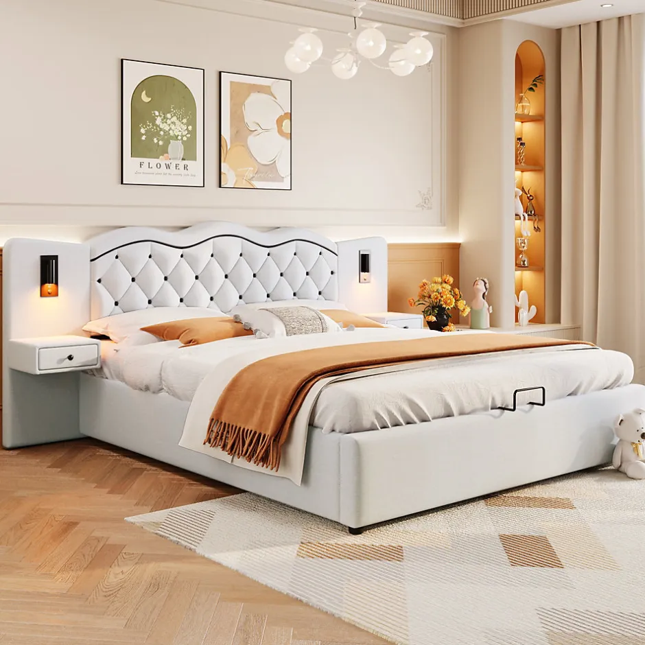Redom Lit 180x200 cm tapissé tissu effet lin beige avec tête de lit intégrée, coffre hydraulique et prises USB